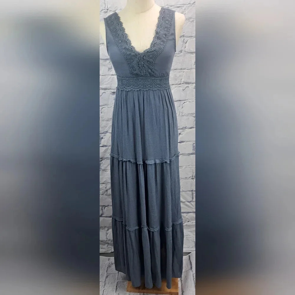 Rebellion Again Ruffled Boho Lace Maxi Dress V-Neck Dark Blue Rayon Y2K Size  XS